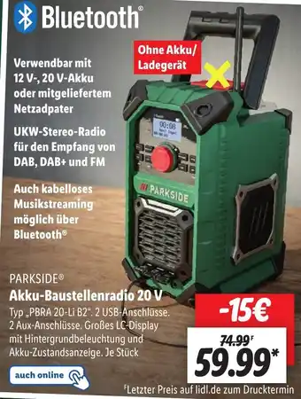 Lidl PARKSIDE Akku-Baustellenradio 20 V Angebot