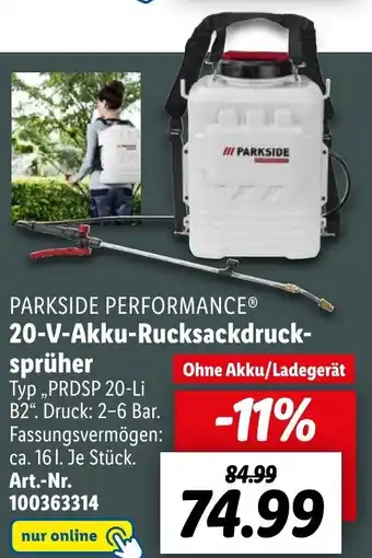 Lidl PARKSIDE PERFORMANCE® 20-V-Akku-Rucksackdrucksprüher Angebot