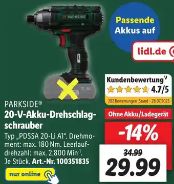 Lidl PARKSIDEⓇ 20-V-Akku-Drehschlagschrauber ,,PDSSA 20-Li A1" Angebot