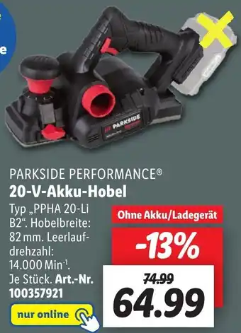 Lidl PARKSIDE PERFORMANCE 20-V-Akku-Hobel ,,PPHA 20-Li B2" Angebot