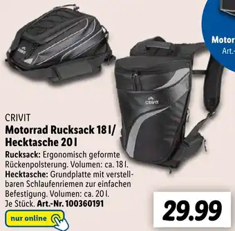 Lidl CRIVIT Motorrad Rucksack 18 L/ Hecktasche 20 L Angebot