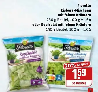 REWE Florette Eisberg Mischung mit feinen Kräutern 250g oder Kopfsalat mit feinen Kräutern 150g Angebot