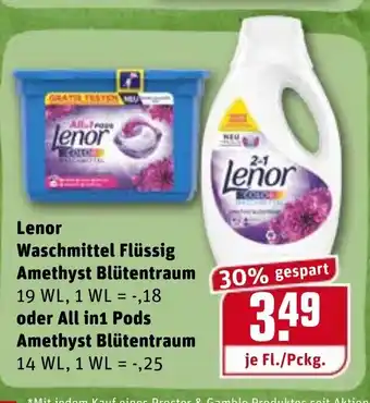 REWE Lenor Waschmittel Flüssig Amethyst Blütentraum oder All in Pods Amethyst Blümentraum Angebot