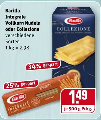 REWE Barilla Integrale Vollkorn Nudeln oder Collezione 500g Angebot