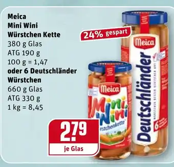 REWE Meica Mini Wini Würstchen Kette 380g oder 6 Deutschländer Würstchen 660g Angebot