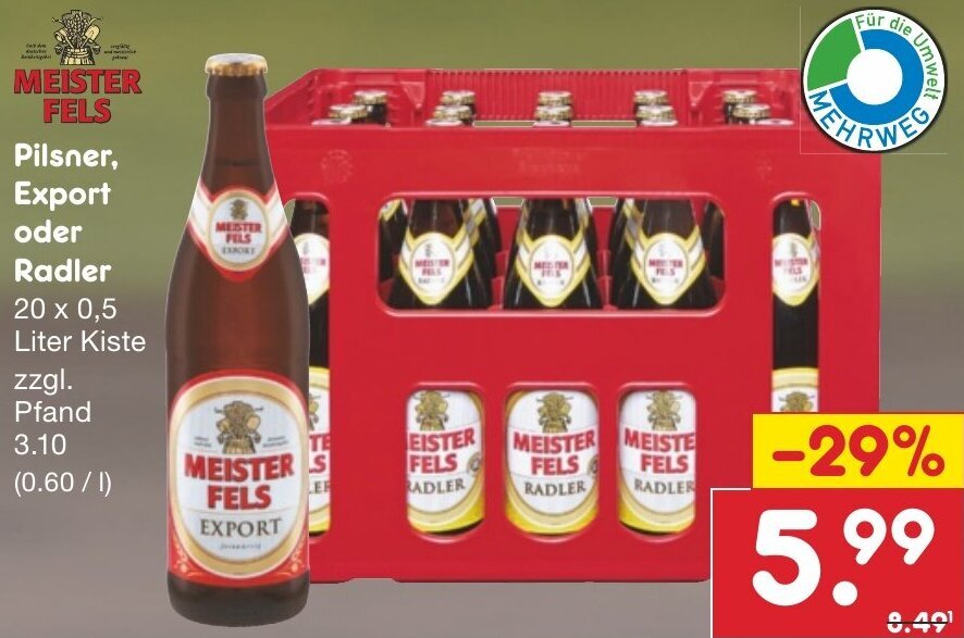 MEISTER FELS Pilsner, Export oder Radler 20 x 0,5 Liter Kiste Angebot