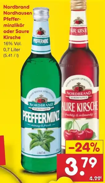 Netto Marken-Discount Nordbrand Nordhausen Pfefferminzlikör oder Saure Kirsche 0,7 Liter Angebot