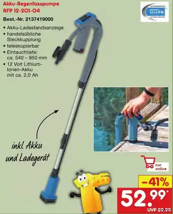 Netto Marken-Discount Güde Akku-Regenfasspumpe RFP 12-201-04 Angebot