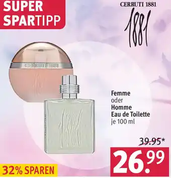 Rossmann CERRUTI 1881 Femme oder Homme Eau de Toilette 100 ml Angebot