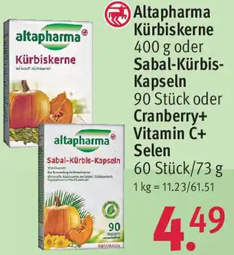 Rossmann Altapharma Kürbiskerne 400 g oder Sabal-Kürbis-Kapseln 90 Stück oder Cranberry+ Vitamin C+ Selen 60 Stück/73 g Angebot