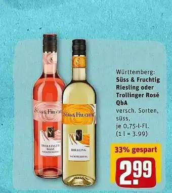 REWE Süss & Fruchtig Riesling Oder Trollinger Rosé QbA Angebot