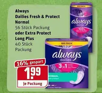 REWE Always Dailies Fresh & Protect Normal Oder Extra Protect Long Plus Angebot