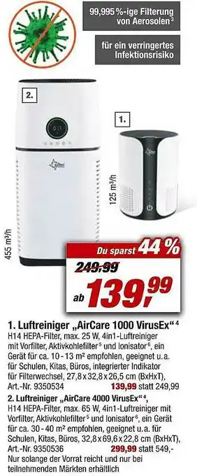 toom Baumarkt Luftreiniger „aircare 1000 VirusEx” Angebot