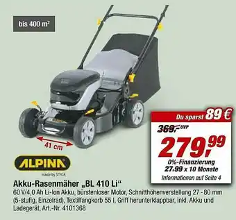 toom Baumarkt Alpina Akku-rasenmäher Bl410li Angebot