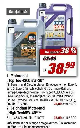 toom Baumarkt Motorenöl „top Tec 4200 5w-30” Oder Leichtlauf Motorenöl „high Tech 5w-40” Angebot