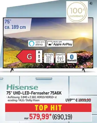 METRO Hisense 75" UHD-LED-Fernseher 75A6K Angebot