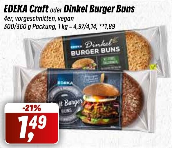 EDEKA Craft oder Dinkel Burger Buns 300/360 g Packung Angebot bei Simmel