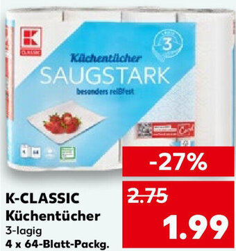 Kaufland K-CLASSIC Küchentücher 3-lagig 4 x 64-Blatt-Packg. Angebot