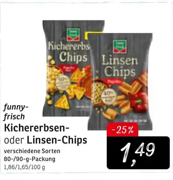 KONSUM Funny Frisch Kichererbsen chips 80 g Beutel oder Linsen Chips 90 g Beutel Angebot