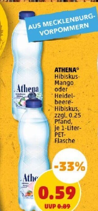 PENNY ATHENA* Hibiskus- Mango oder Heidel- beere- Hibiskus 1 Liter PET Flasche Angebot