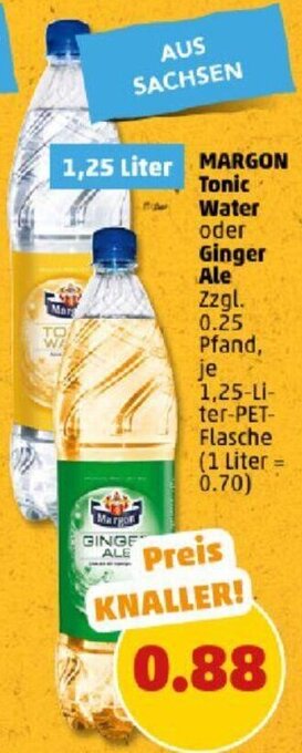 PENNY Margon Tonic Water oder Ginger Ale 1,25 Liter PET Flasche Angebot