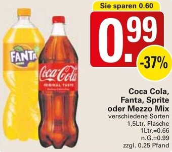 WEZ Coca Cola, Fanta, Sprite oder Mezzo Mix 1,5Ltr. Flasche Angebot