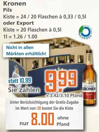 Klaas und Kock Kronen Pils 24/20x0,33/0,5L oder Export 20x0,5L Angebot