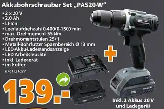 Globus Baumarkt Akkubohrschrauber Set PAS20-W Angebot