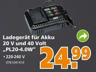 Globus Baumarkt Ladegerät für Akku 20V und 40 Volt PL20-4.0W Angebot