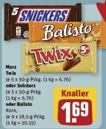 REWE Mars Twix 5 x 50-g-Pckg. oder Snickers 5 x 50 g packg. oder Balisto 9 x 18,5 g Packg. Angebot