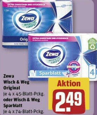 REWE Zewa Wisch & Weg Original 4 x 45 Blatt Pckg. oder Wisch & Weg Sparblatt 4 x 74 Blatt Pckg. Angebot