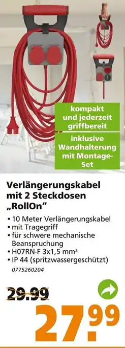 Globus Baumarkt Verlängerungskabel mit 2 Steckdosen RollOn Angebot