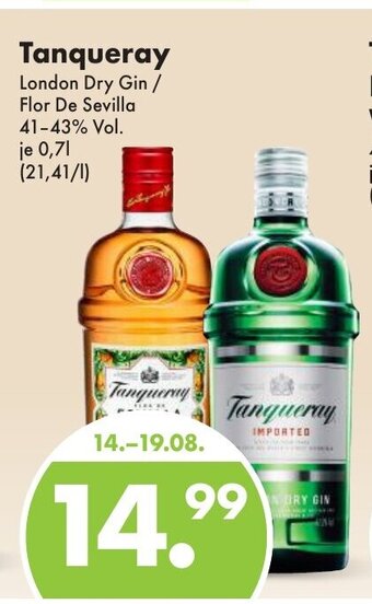 Trink und Spare Tanqueray London Dry Gin / Flor De Sevilla 41-43% Vol. je 0,7l Angebot