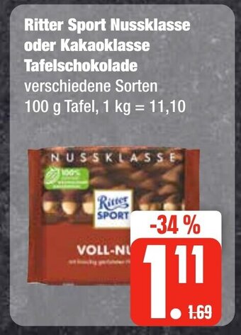 Edeka Frischemarkt Ritter Sport Nussklasse oder Kakaoklasse Tafelschokolade 100g Angebot