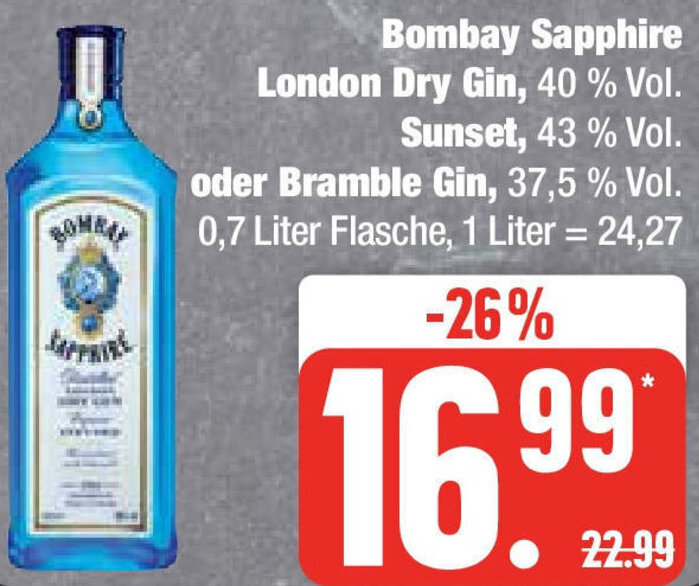 Bombay Sapphire London Dry Gin, Sunset oder Bramble Gin 0,7 Liter