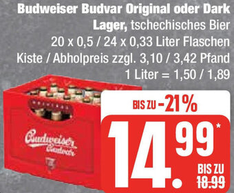 Edeka Budweiser Budvar Original oder Dark Lager 20 x 0,5/24 x 0,33 Liter Flaschen Angebot