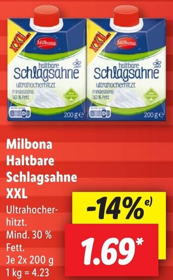 Lidl Milbona Haltbare Schlagsahne XXL 2x200 g Angebot