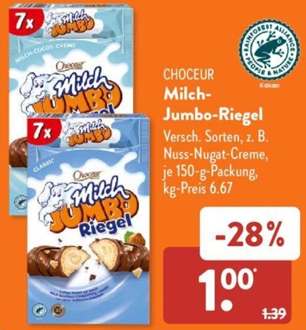 CHOCEUR MilchJumboRiegel 150gPackung Angebot bei Aldi Süd