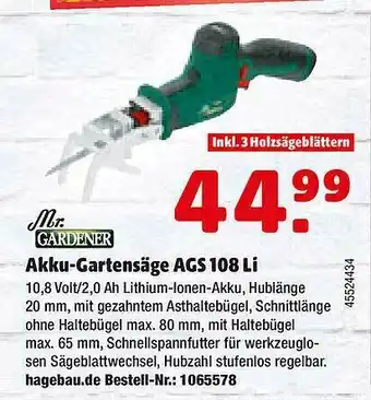 Hagebau Mr Gardener Akku-gartensäge Ags 108 Li Angebot