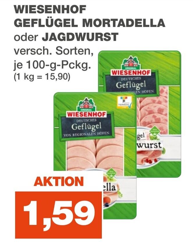 WIESENHOF GEFLÜGEL MORTADELLA oder JAGDWURST 100g Angebot bei mein real