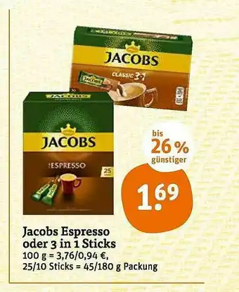 tegut Jacobs Espresso Oder 3in1 Sticks Angebot