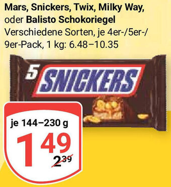 Globus Mars, Snickers, Twix, Milky Way, oder Balisto Schokoriegel 144-230 g Angebot