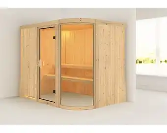 Hornbach Elementsauna karibu klarina iv ohne ofen und dachkranz mit fenster und bronzierter ganzglastüre Angebot