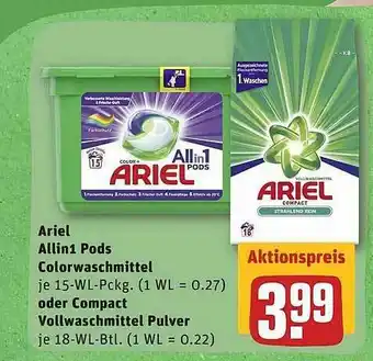 REWE Ariel Allin Pods Colorwaschmittel Oder Compact Vollwaschmittel Pulver Angebot