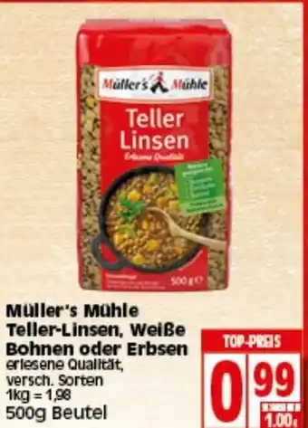 Elli Markt Müller's Mühle Teller Linsen, Weiße Bohnen oder Erbsen 500g Beutel Angebot