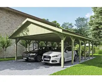 Hornbach Doppelcarport skan holz wallgau inkl. rote schindeln und h-pfostenanker 620 x 900 cm imprägniert Angebot