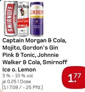 boni Center Captain Morgan & Cola, Mojito, Gordon's Gin Pink & Tonic, Johnnie Walker & Cola, Smirnoff Ice o. Lemon 0,25 L Dose Angebot