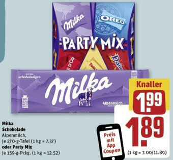 REWE Milka Schokolade Alpenmilch, 270-g-Tafel oder Party Mix 159 g Pckg. Angebot