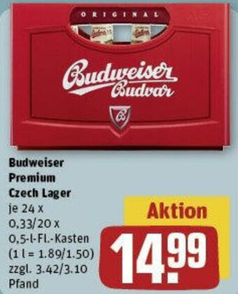 REWE Budweiser Premium Czech Lager 24 x 0,33/20 x 0,5-L-Fl.-Kasten Angebot