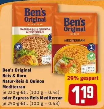 REWE PETZ Ben's Original Reis & Korn Natur Reis & Quinoa Mediterran 220g oder Express Reis Mediterran 250g Btl. Angebot